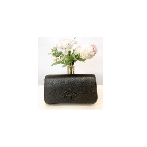 Tory Burch 75029 Women's Thea Flat Wallet Pebbled Leather Crossbody IN BLACK