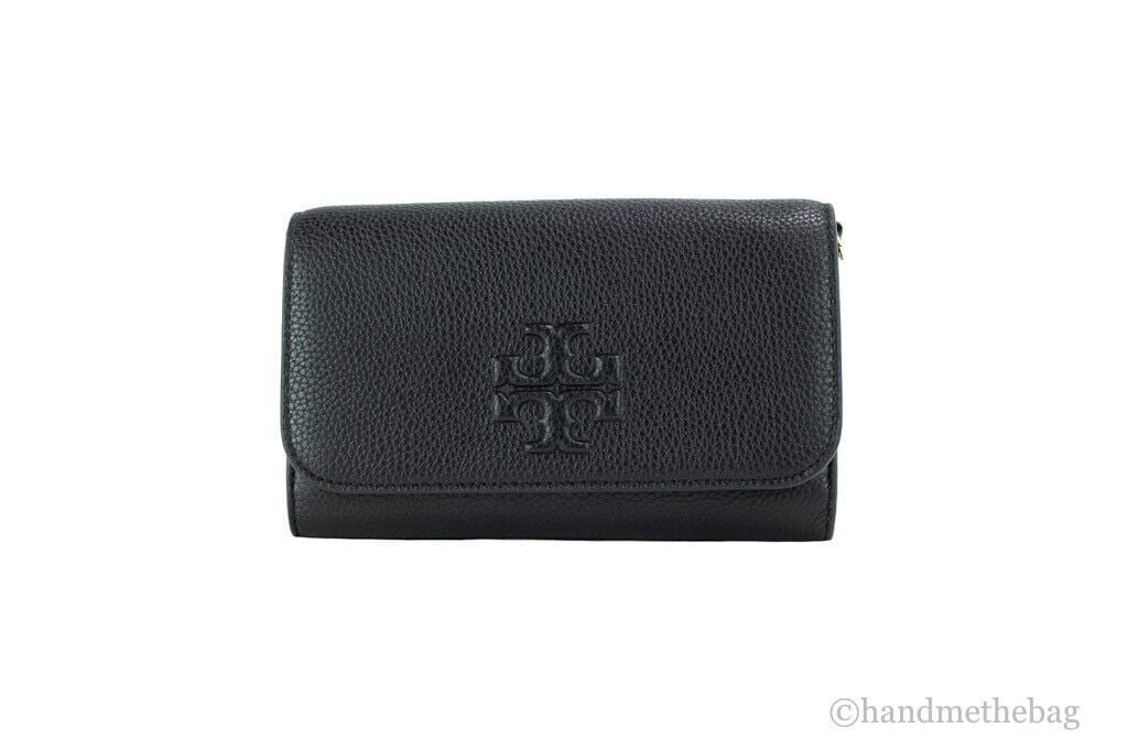 Tory Burch (75029) Thea Small Pebbled Leather Flat Wallet Crossbody Handbag  (Black)