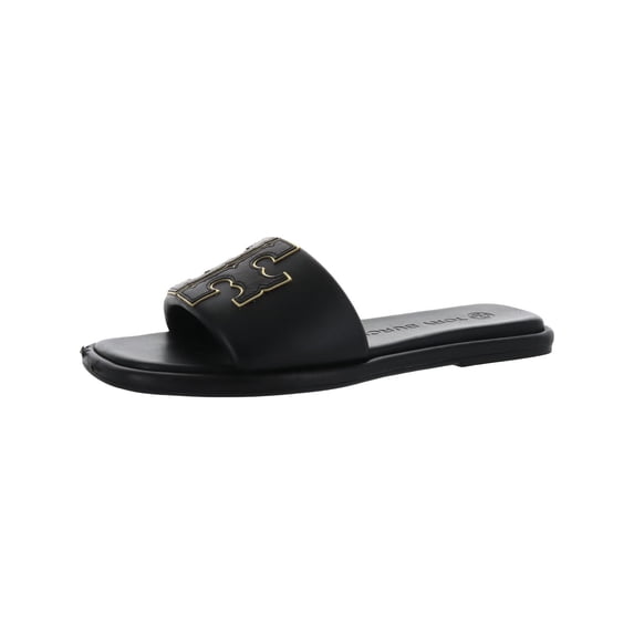 Tory Burch Double T Sport Women's Leather Logo Flat Slide Sandals