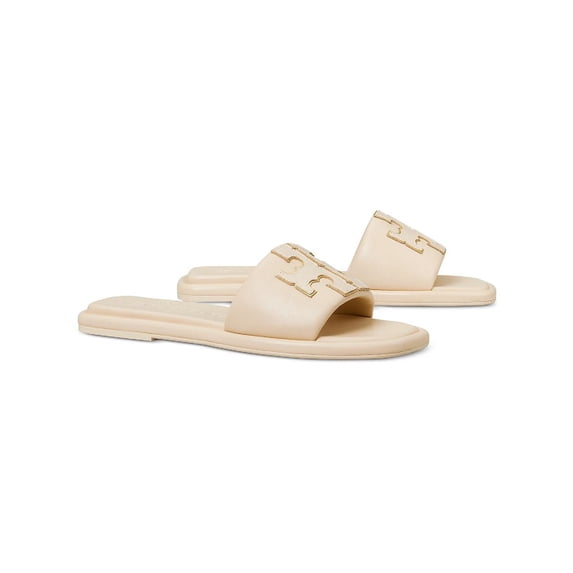 Tory Burch Double T Sport Women's Leather Logo Flat Slide Sandals