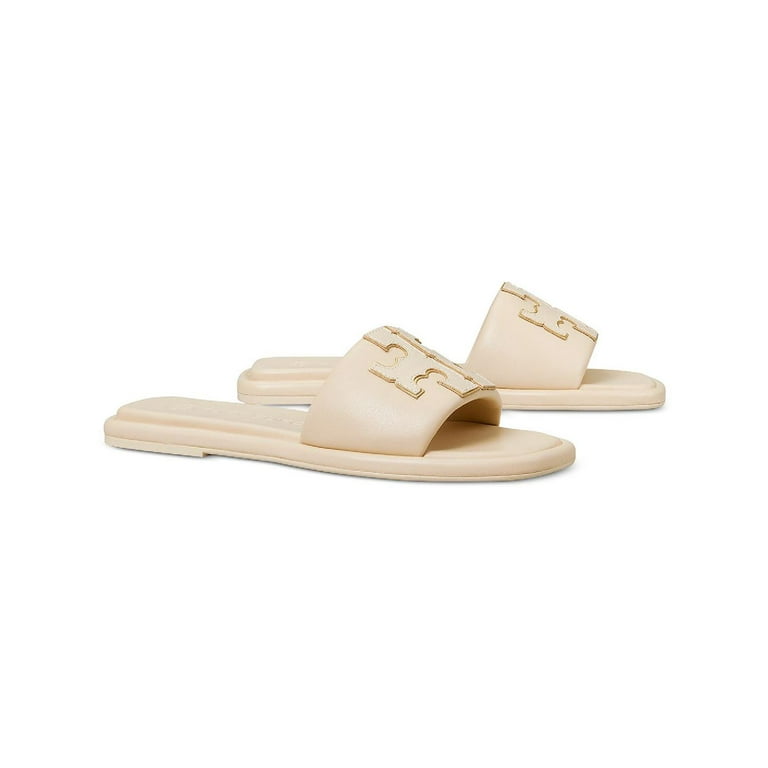 Tory Burch Double T Sport Women's Leather Logo Flat Slide Sandals
