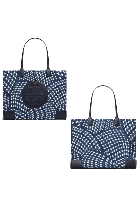 Ella Printed Tote Bag Handbag Navy Warped Gingham Nylon Leather New
