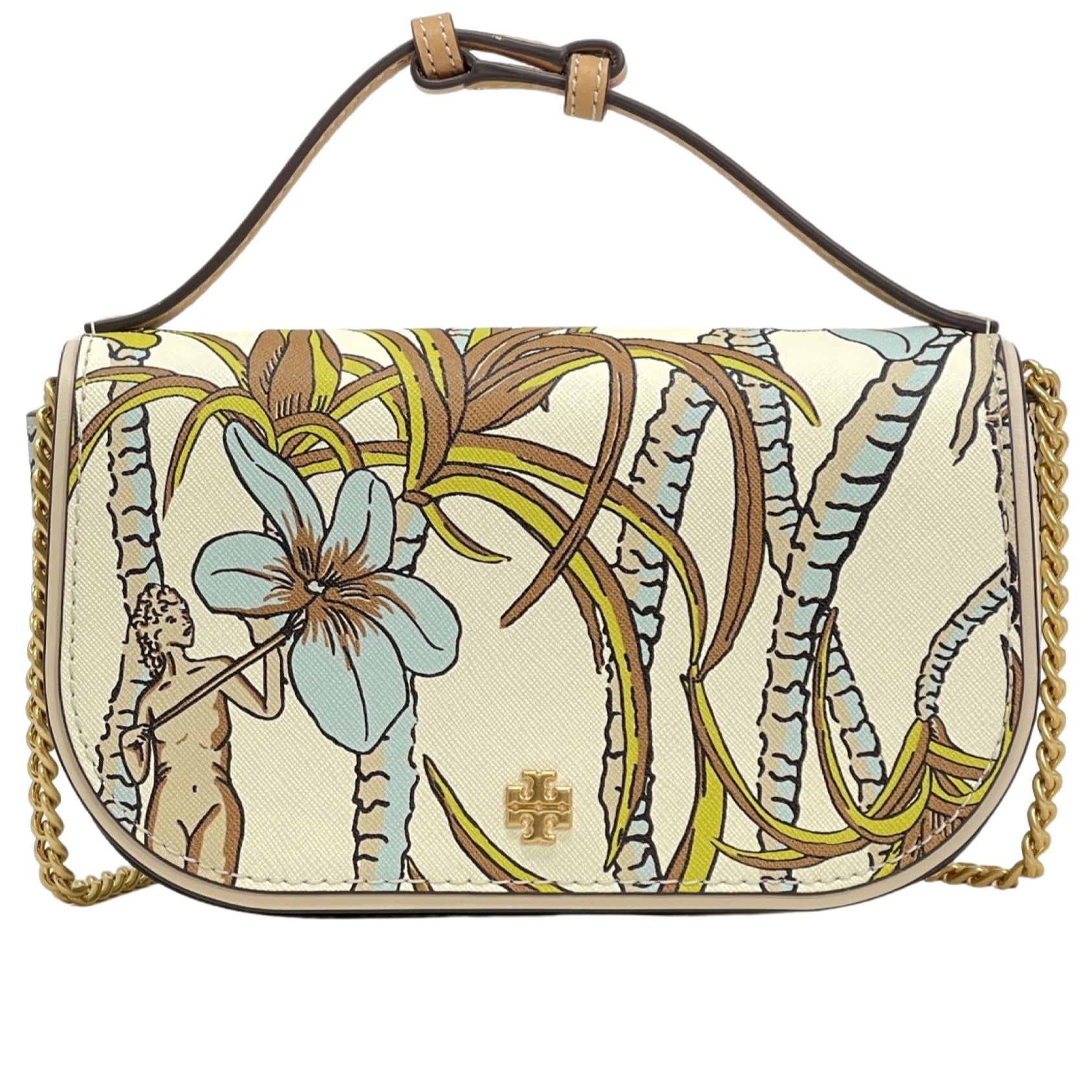 Tory Burch Emerson Saffiano Leather Printed Top Handle Crossbody Bag Cream Brown Climbing Palms Walmart