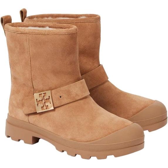 Tory Burch Women's Mellow Shearling Boot, Light Chestnut/Gold, 9