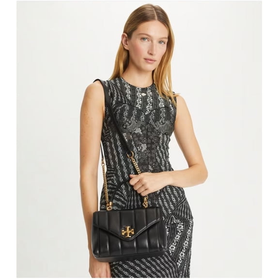 Tory Burch Kira Small Black Leather Single Top Handle Quilted Satchel Handbag Bag New