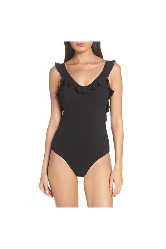 Tory Burch Ruffle Plunge One-Piece Swimsuit, Black, Large