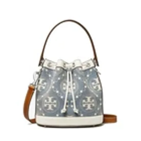 Tory Burch T Monogram 143535 Drawstring Bucket Brown Strap Pearl Blue White Shoulder Bag Purse