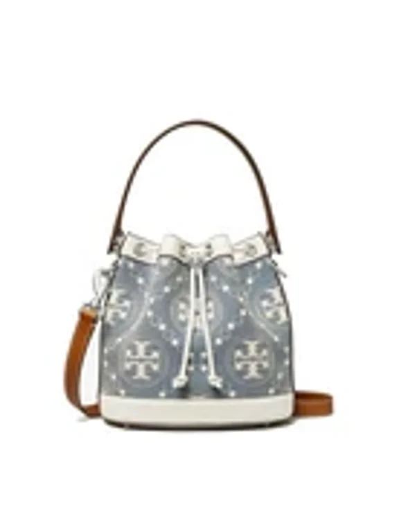 T Monogram 143535 Drawstring Bucket Brown Strap Pearl Blue White Shoulder Bag Purse