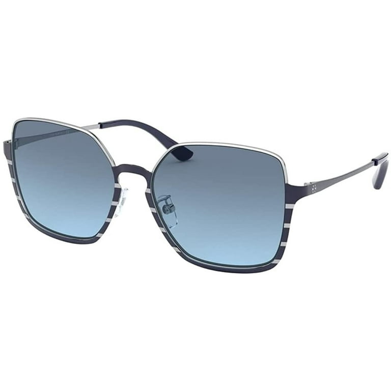 Tory Burch TY6076 32848F 56MM Shiny Silver Navy Metal Stripe Grey Blue Gradient Rectangle Sunglasses for Women BUNDLE With Designer iWear