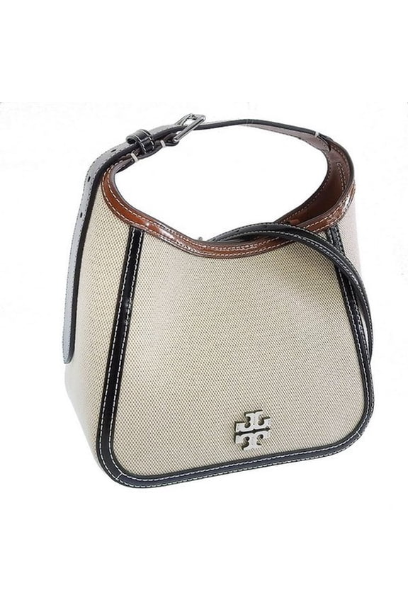 Thea 156047 Medium Ivory Canvas Leather Lined Bucket Crossbody Bag Purse
