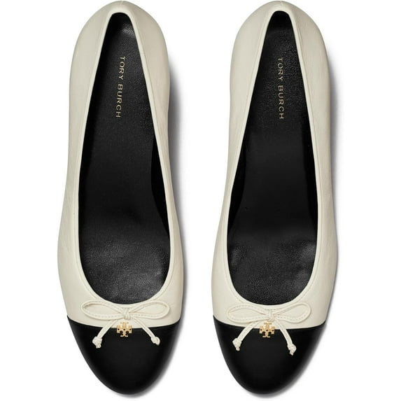 Tory Burch Women Leather Shoes Cap Toe Pumps Light Cream Perfect Black