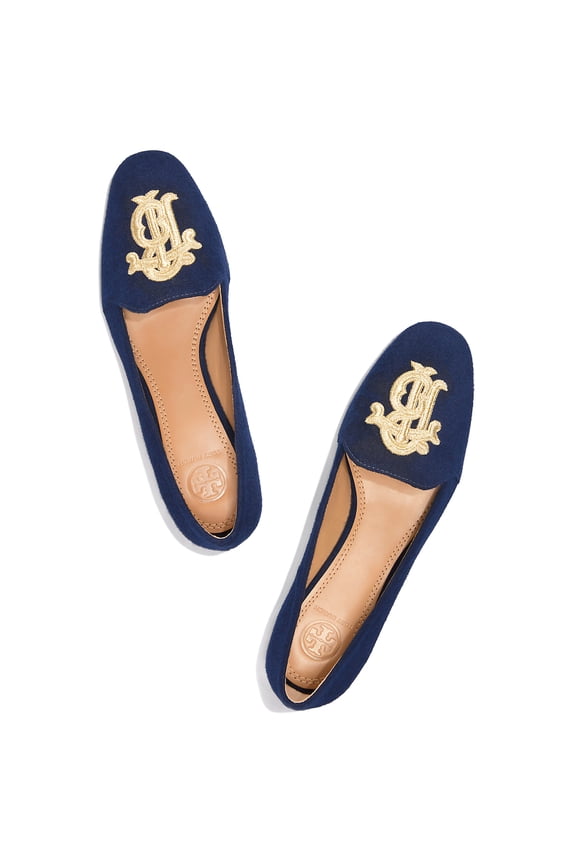 Women’s Antonia Loafer, Felt Slip-On Flat with Embroidered Logo (Navy)