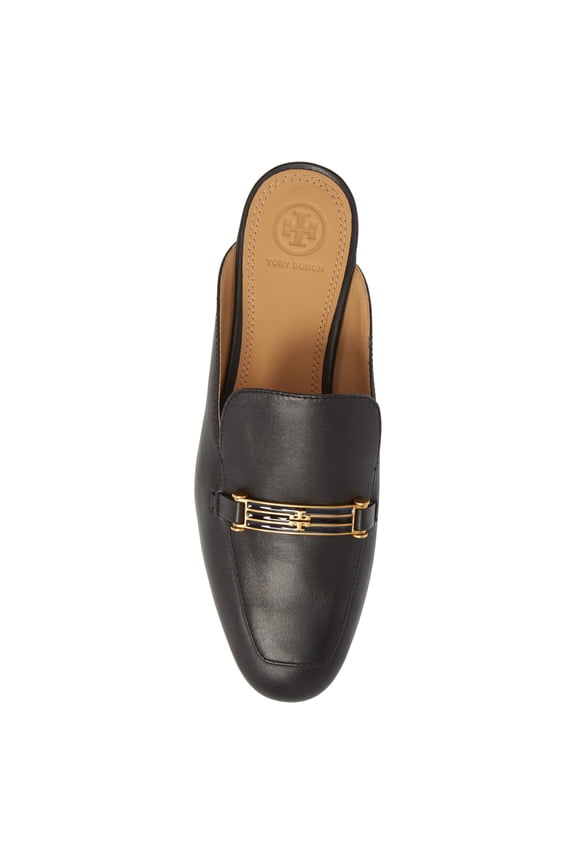 Womens Backless Leather Loafer, Slip-On Mule with Enamel Hardware (Black)