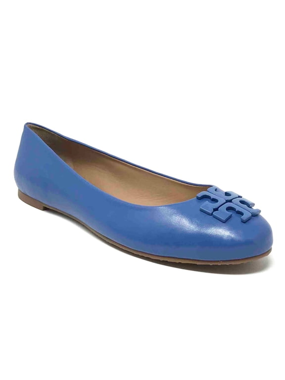 Womens Ballet Flat, Round Toe Slip-On Leather Flat with Logo (Blue), Size 6