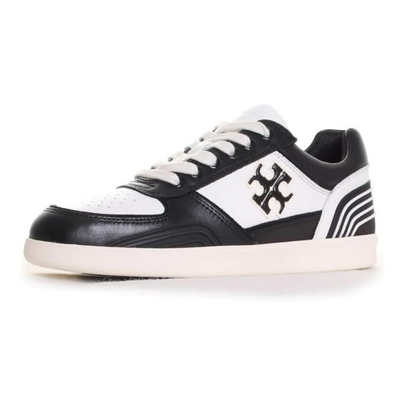 Tory Burch Women's Black White Leather Clover Court Sneakers Lace Up Shoes