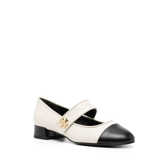 Tory Burch Women's Cap-Toe Mary Jane Heel Ballet 25mm Flat, Light Cream/Perfect Black Shoes