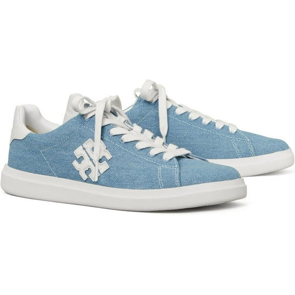 Tory Burch Women's Double T Howell Court Sneakers, Denim Titanium White Lace Up Shoes