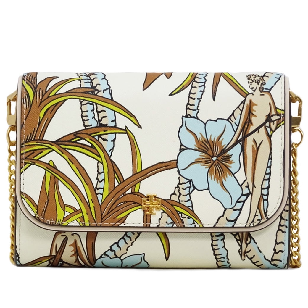 Tory Burch Women s Emerson Printed Leather Chain Wallet Crossbody Bag Cream Brown Climbing Palms