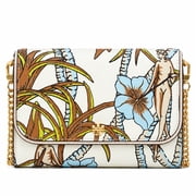 Tory Burch Womens Emerson Printed Leather Chain Wallet Crossbody Bag Cream Brown Climbing Palms