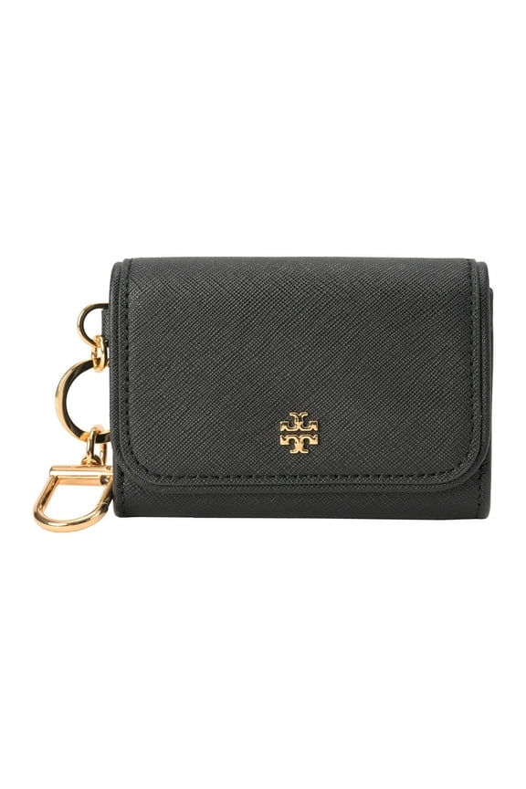 Women's Emerson Small Saffiano Leather Flap Card Case (Black)