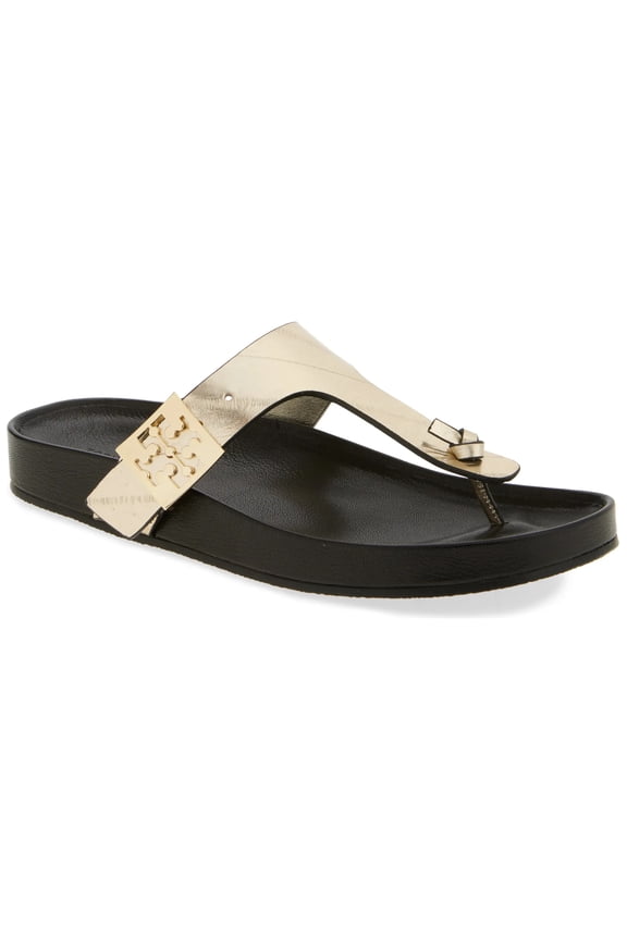 Women's Leather Mellow Thong Sandal, Spark Gold/Perfect Black, 6