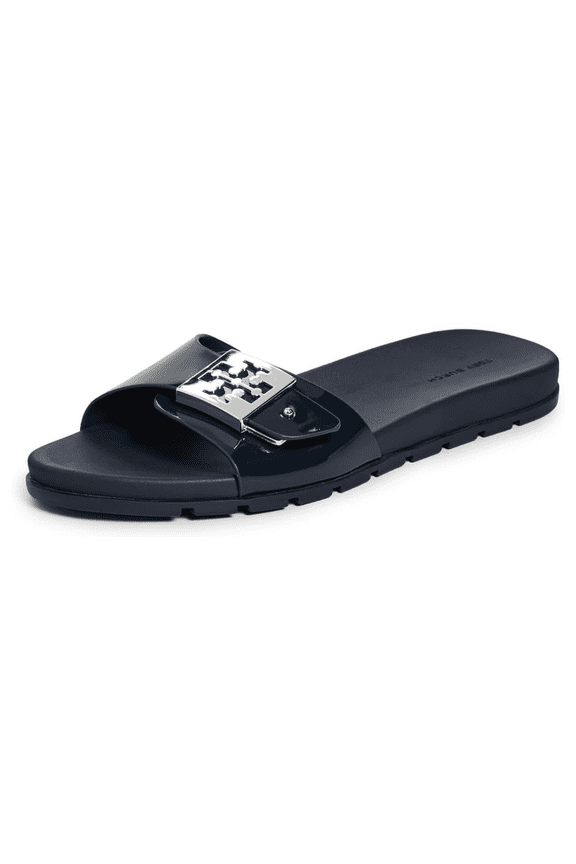 Women's Logo Buckle Slides, New Navy/Silver, 6