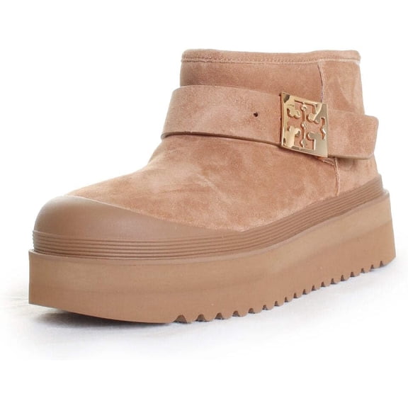 Tory Burch Women's Mellow Shearling Platform Boots Light Chestnut Beige Short Booties