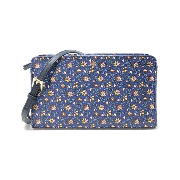 Tory Burch Women’s PVC Printed Pansy Zip Top Crossbody Wallet, Blue