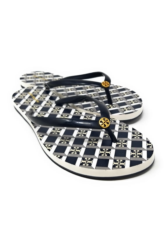 Women's Printed Two Tone Flip Flops in Black Geo - Perfect Black, Size 10 US