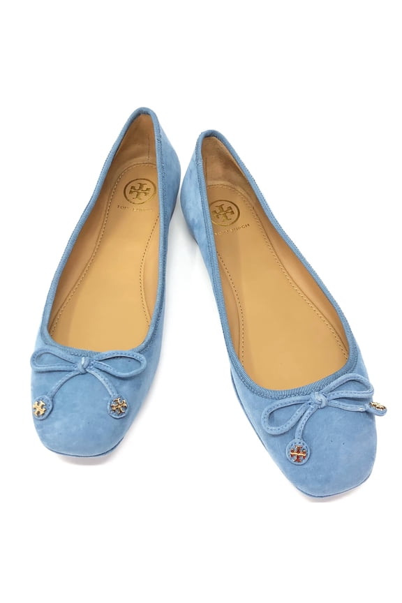 Womens Suede Driver Ballet Flat, Square Toe Slip-On with Bow & Logo Detail (Blue), Size 8.5