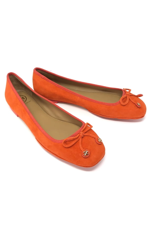 Womens Suede Driver Ballet Flat, Square Toe Slip-On with Bow & Logo Detail (Spicy Orange)