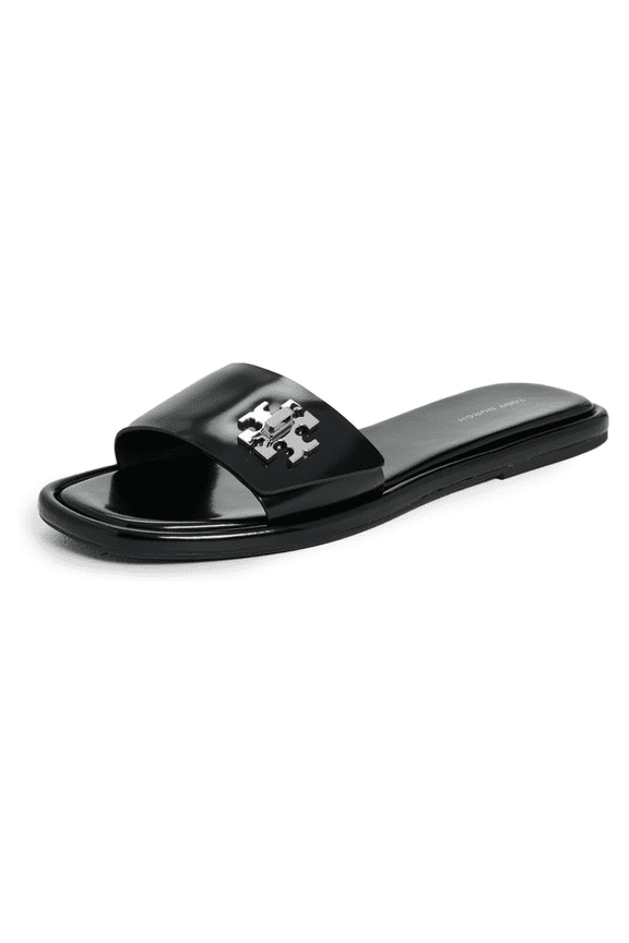 Women's T Lock Box Leather Slides, Perfect Black, 10