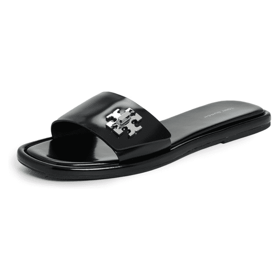 Tory Burch Women's T Lock Box Leather Slides, Perfect Black, 7.5