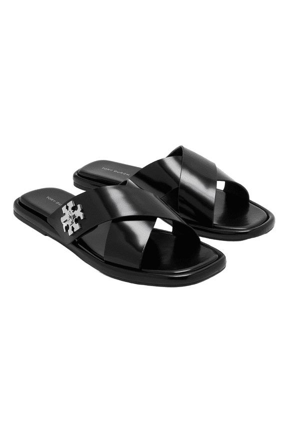 Tory Burch Women's T Lock Cross Band Slides, Perfect Black, 6.5