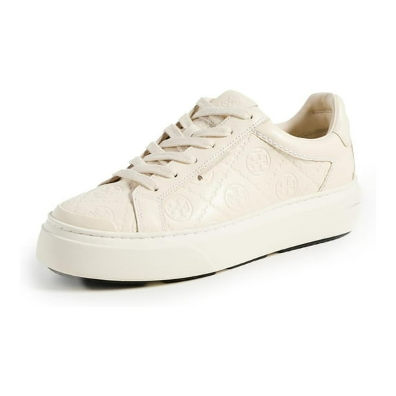Tory Burch Women's T Monogram Ladybug Sneakers, Light Cream, Off White Lace Up Leather
