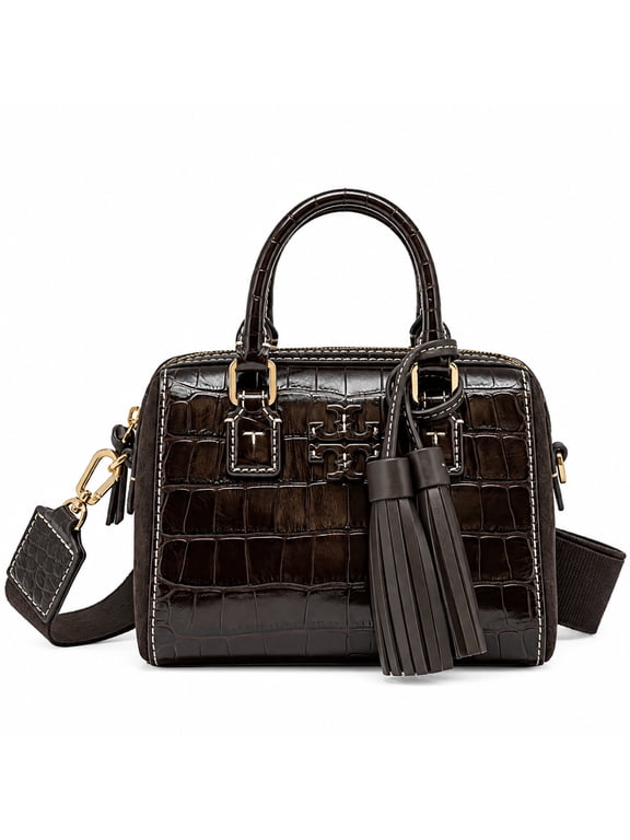 Women's Thea Embossed Leather Mini Web Satchel Crossbody Bag (Dark Mahogany)