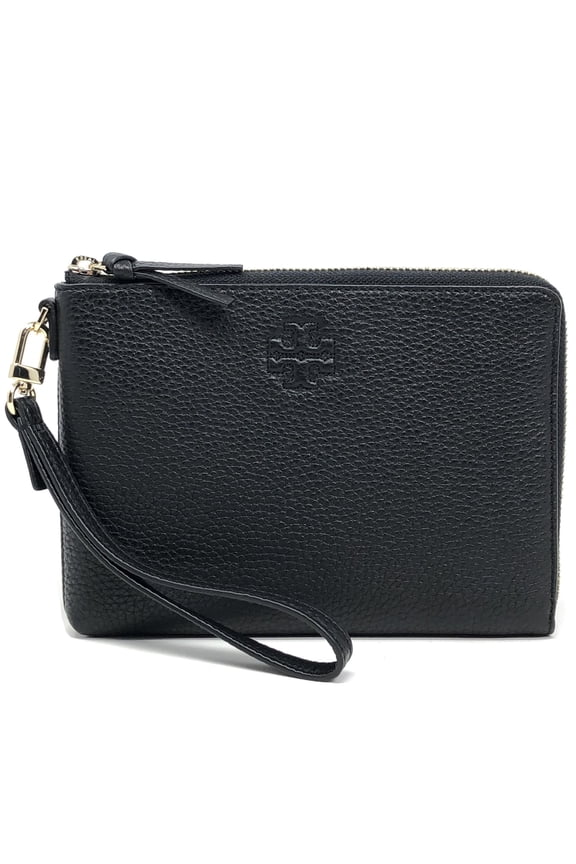 Women's Thea Large Pebbled Leather Zip Pouch Wristlet (Black)