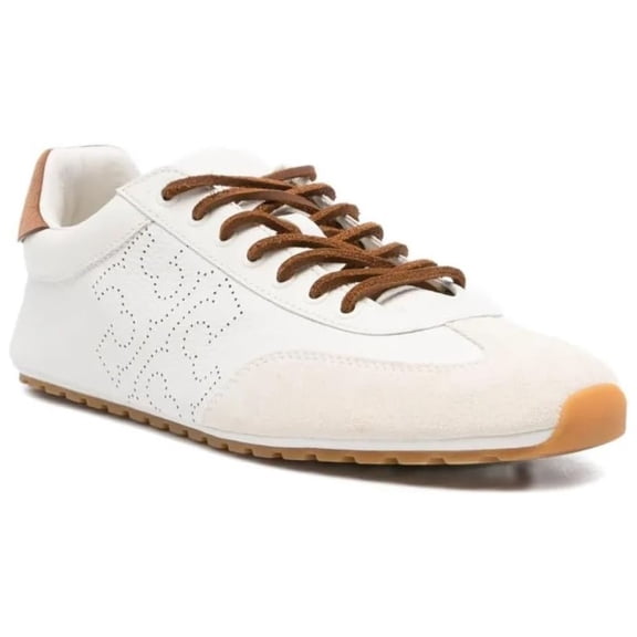 Tory Burch Women's Tumbled Leather Field Sneaker, Blanc/White Mocha/Gingerbread Brown, 10
