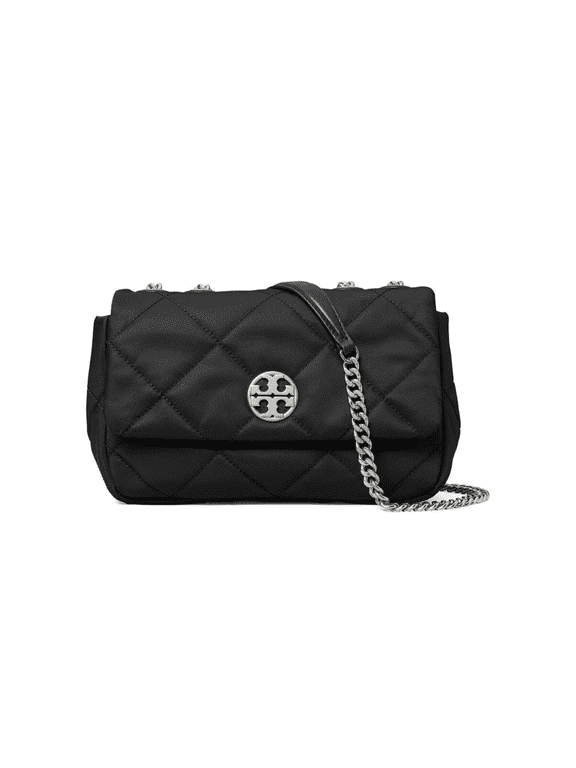 Women's Willa Quilted Nylon Small Shoulder Bag with Silver Hardware, Black