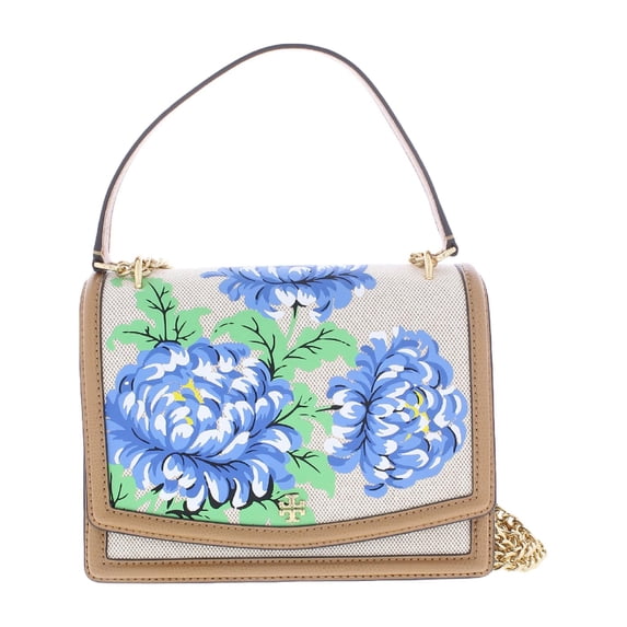 Tory Burch Womens Emerson Ditsy Floral Leather Crossbody Handbag Tan Small