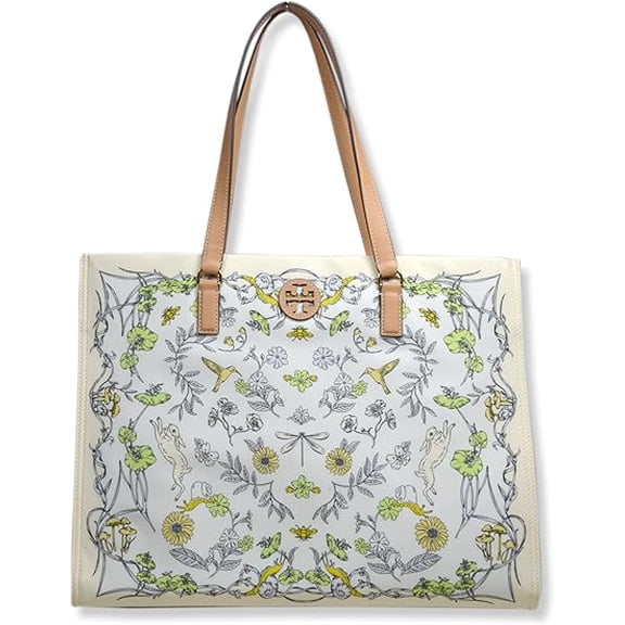 Tory Burch Womens Floral Easter Printed Nylon Tote Bag with Gold-Tone Hardware, Large, Meadow