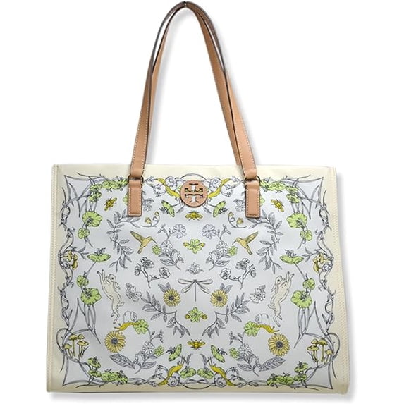 Tory Burch Womens Floral Easter Printed Nylon Tote Bag with Gold-Tone Hardware, Large, Meadow