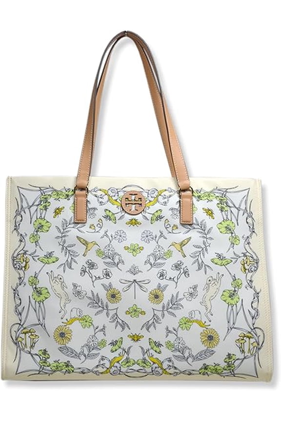 Womens Floral Easter Printed Nylon Tote Bag with Gold-Tone Hardware, Large, Meadow