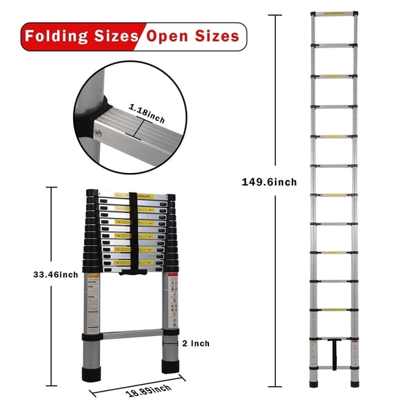 Tory Carrier 13 Steps Folding Ladder Aluminum Telescopic Extended 12.5FT Anti-Slip Black