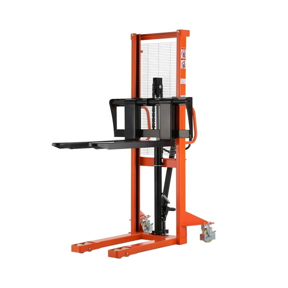 Tory Carrier  63" Max Lift Fixed Legs Manual Stacker 2200lb Load Cap. Hand Stacker Forklift Orange