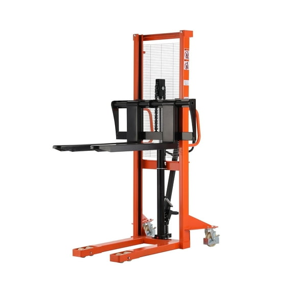 Tory Carrier 63" Max Lift Fixed Legs Manual Stacker 2200lb Load Cap. Hand Stacker Forklift Orange
