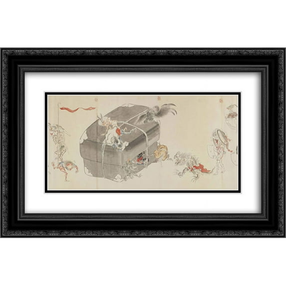 Tosa Mitsuoki 2x Matted 24x14 Black Ornate Framed Art Print 'Night March of a Hundred Demons (detail)'