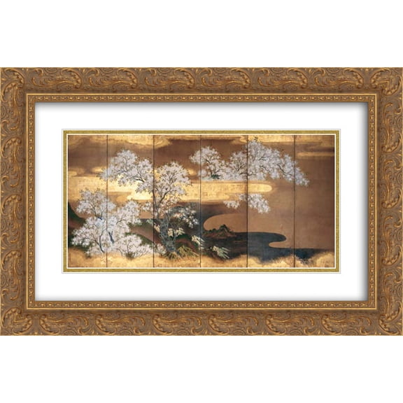 Tosa Mitsuoki 2x Matted 24x16 Gold Ornate Framed Art Print 'Cherry trees'