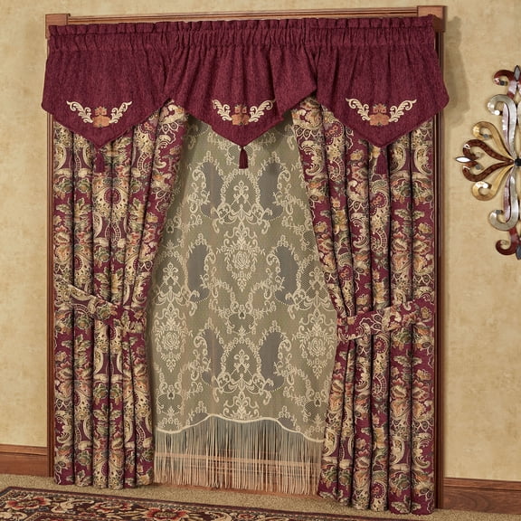 Tosca Jacobean Floral Window Treatment, Burgundy Ascot Valances - 84L Wide Curtains Set