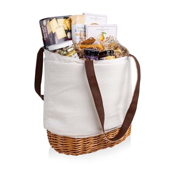 Toscana Pico Canvas and Willow Insulated Picnic Tote with 10-Piece Gourmet Gift Set, Natural Canvas